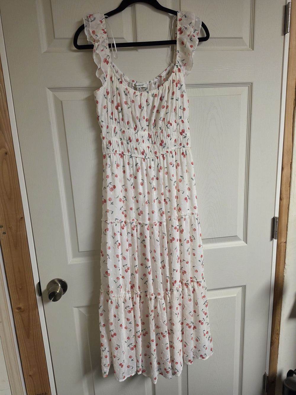 White Maxi Dress with Cherry Print - Sleeveless Ruffle Straps